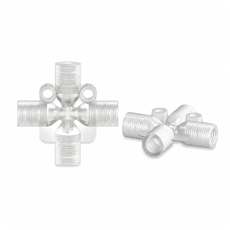 PP and PTFE Female-Threaded Four-Way Fittings, Multiple Materials, gallery view 2 on white background