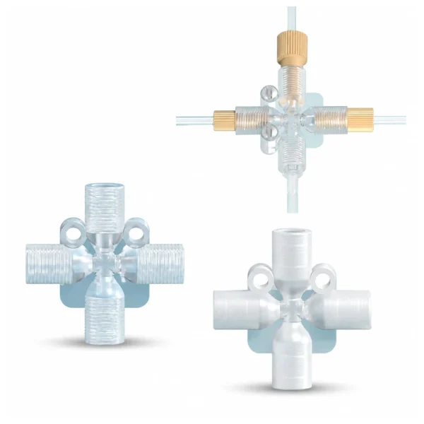 PP and PTFE Female-Threaded Four-Way Fittings, Multiple Materials, gallery view 3 on white background
