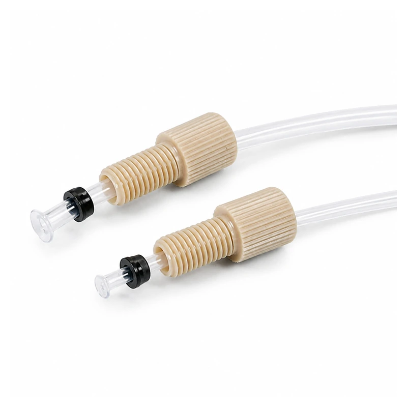 Two RZFLARE06 PEEK quick-flanged fitting assemblies on clear tubing