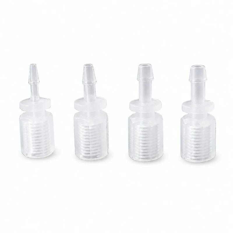 Four RZNI06 translucent female-thread straight barb fittings