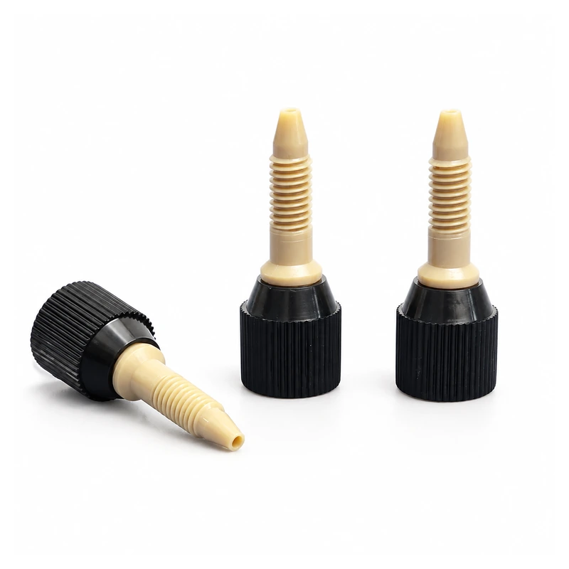 Three RZTORQUE black and beige preloaded PEEK conical fittings
