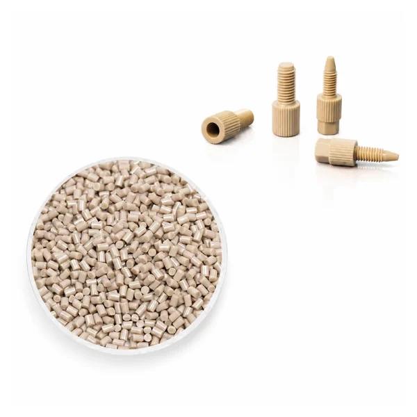 Four RZWDDP PEEK plugs with beige PEEK pellets