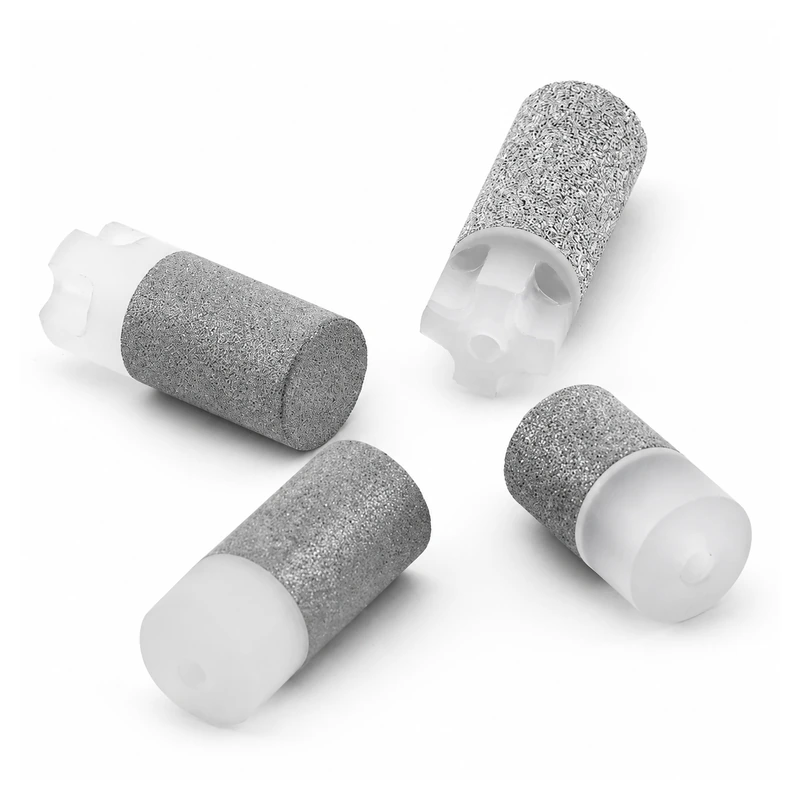 Stainless steel HPLC solvent inlet filter custom pack, ten pieces, on white background