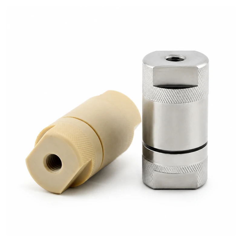 4.6# PEEK HPLC inline filter components and connector on white background