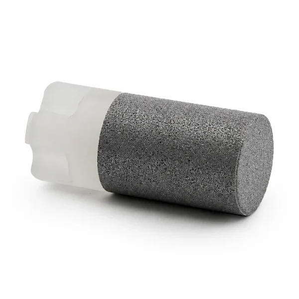 Stainless steel HPLC solvent inlet filter with porous element on white background
