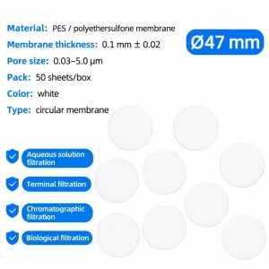47 mm hydrophilic PES membrane filters, English technical view on white background